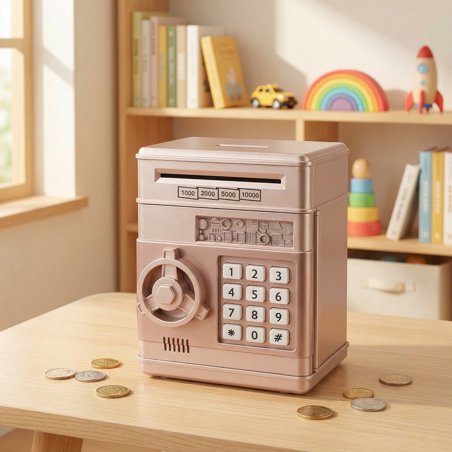 Kids Electronic Piggy Bank with Password Lock, Cash & Coins, Rose Gold