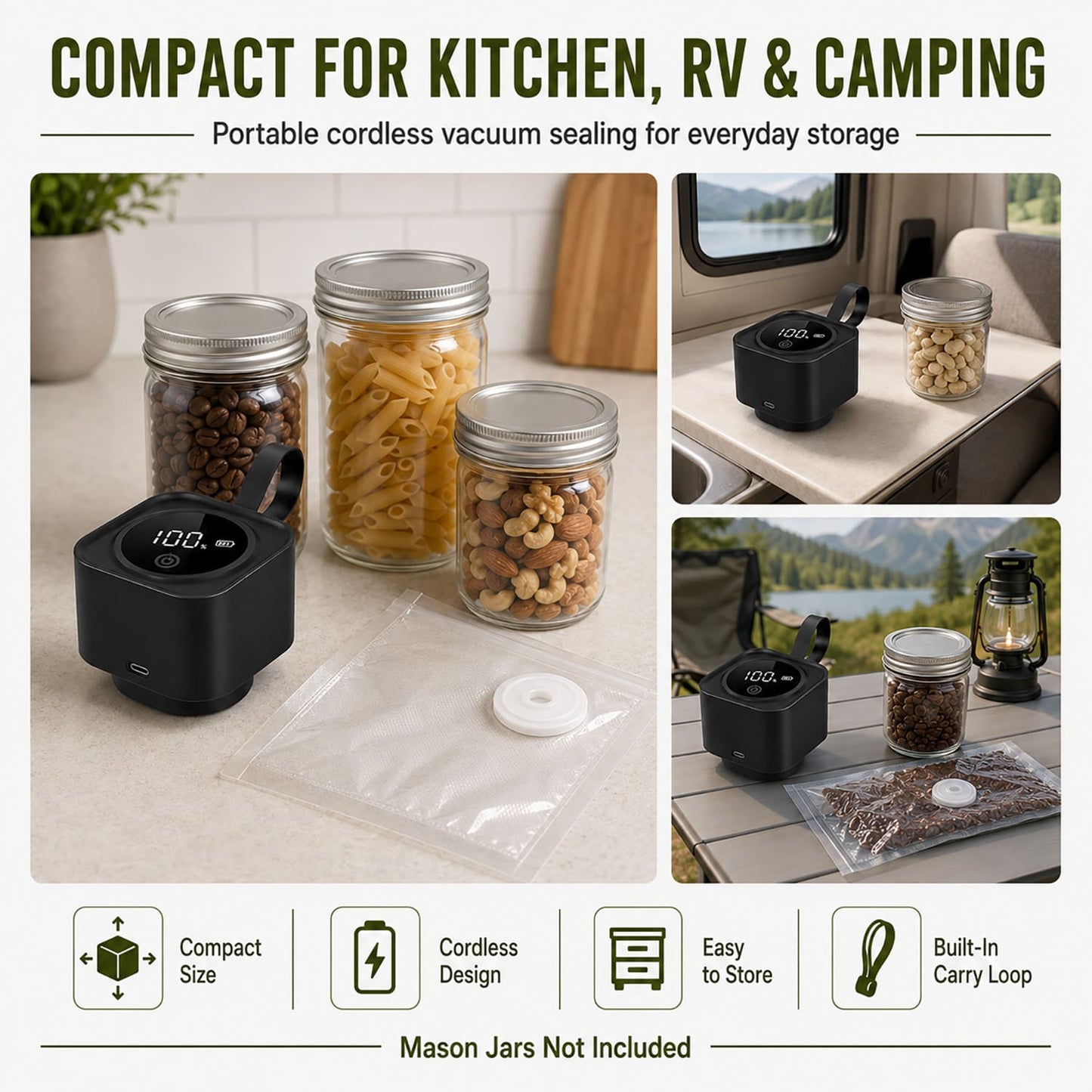Electric Mason Jar Vacuum Sealer Kit, One-Button Vacuum Sealing for Wide & Regular Mouth Mason Jars, USB Rechargeable, Includes 5 Wide-Mouth Lids, 5 Regular-Mouth Lids & Type-C Cable, Black