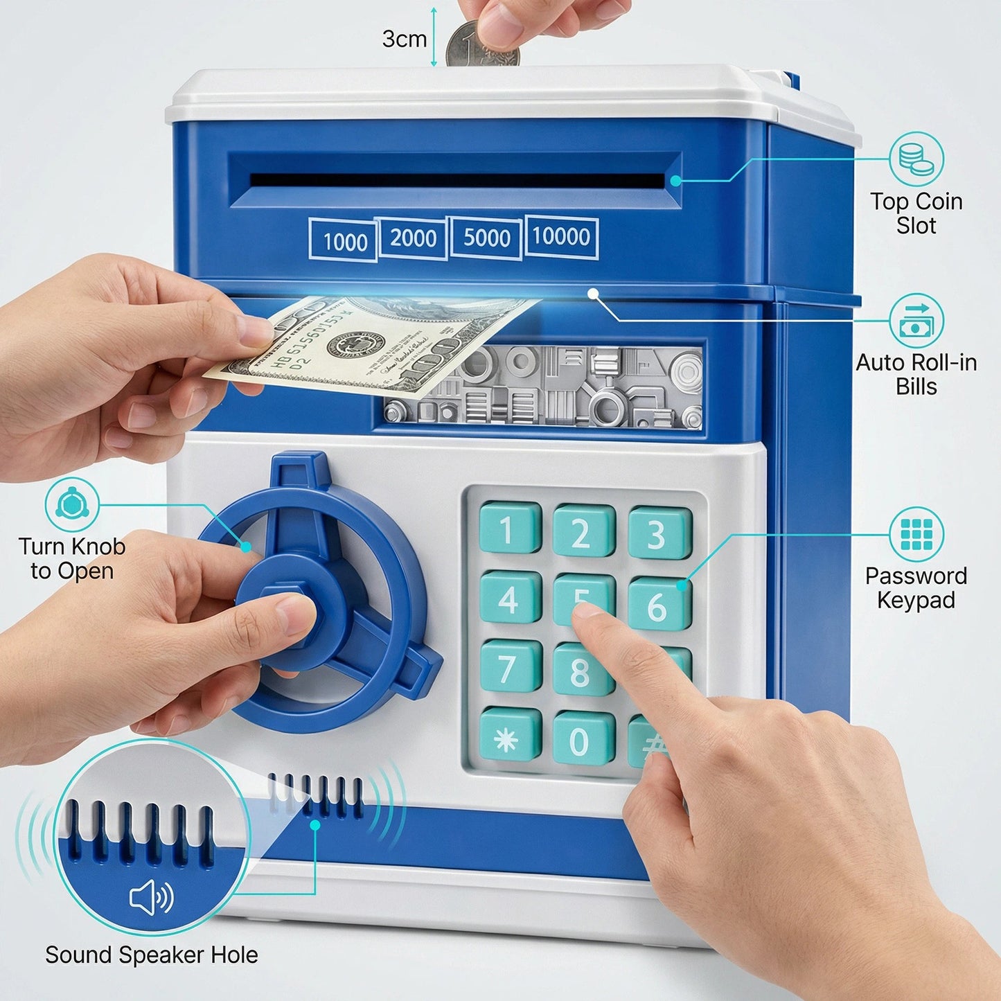 Kids Electronic Piggy Bank with Password Lock, Cash & Coins, Blue