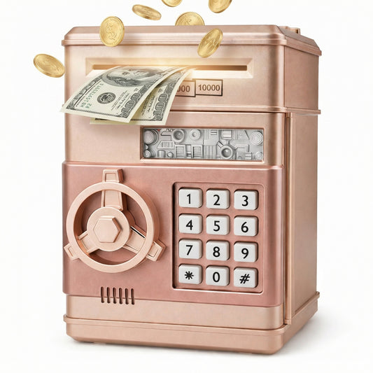 Kids Electronic Piggy Bank with Password Lock, Cash & Coins, Rose Gold