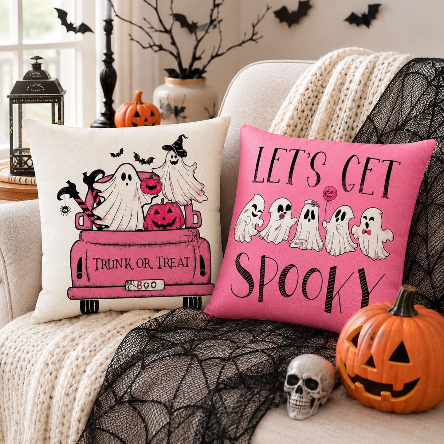 4 Pack Pink Halloween Pillow Covers 18x18, Cute Ghost Pumpkin Throw Pillow Covers for Couch Sofa, Faux Linen Halloween Decorative Cushion Covers for Living Room Bedroom Home Decor