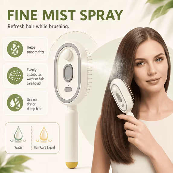 Electric Mist Spray Hair Brush, Self-Cleaning Air Cushion Massage Comb, Rechargeable Detangling Brush for Frizz Control, Wet & Dry Hair