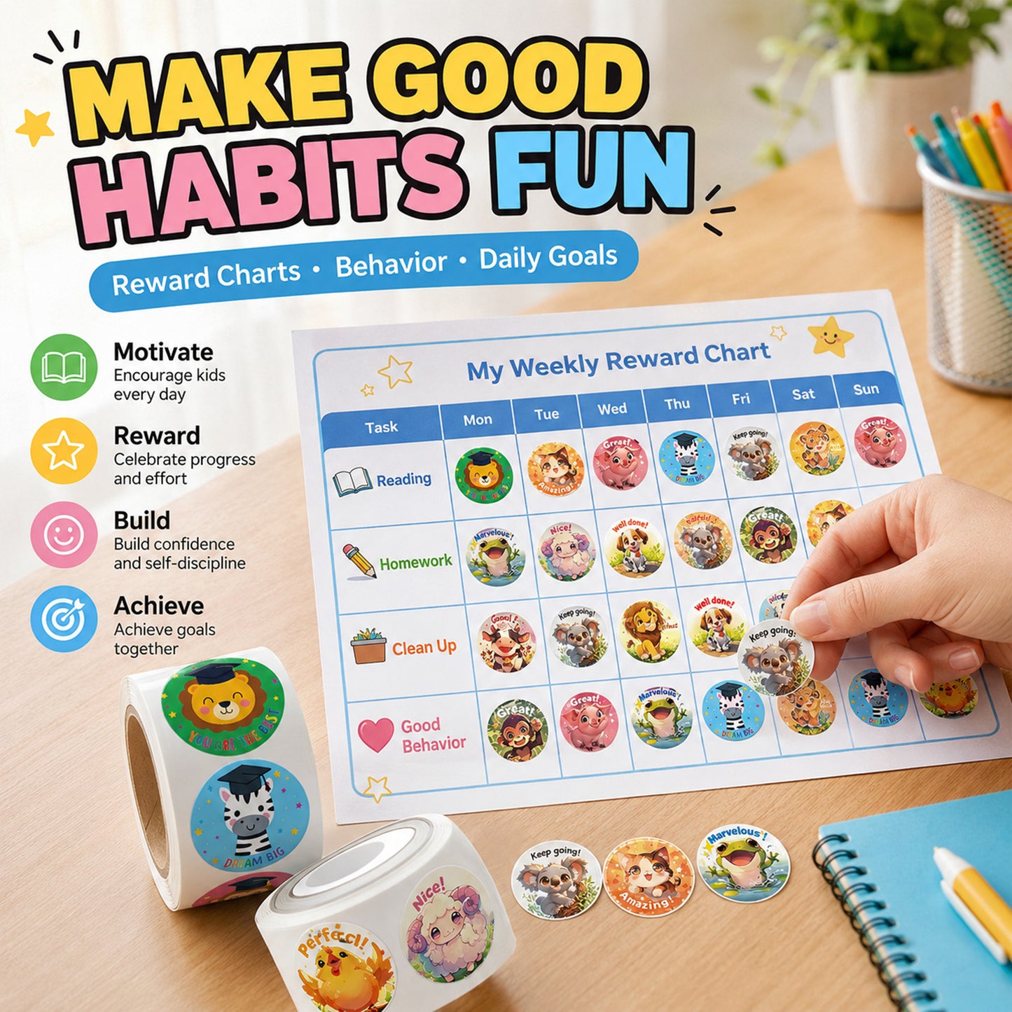 Kywib 3000PCS Reward Stickers for Teachers Classroom, 6 Rolls Cute Animal Motivational Stickers for Students, Homework, Charts and School Supplies