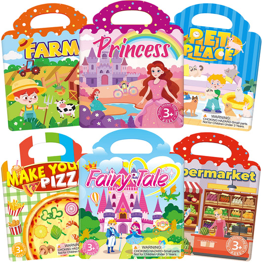 Kywib Reusable Sticker Books for Kids Ages 3+, 6 Pack Jelly Sticker Activity Books, Princess & Pretend Play Themes