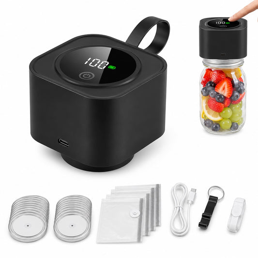 Electric Mason Jar Vacuum Sealer Kit, One-Button Vacuum Sealing for Wide & Regular Mouth Mason Jars, USB Rechargeable, Includes 5 Wide-Mouth Lids, 5 Regular-Mouth Lids & Type-C Cable, Black