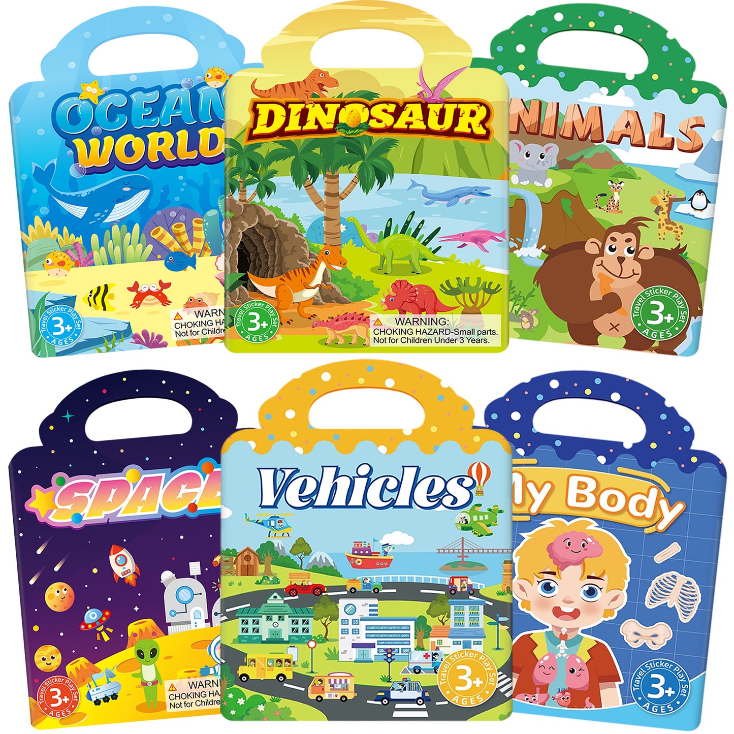 Kywib Reusable Sticker Books for Kids Ages 3+, 6 Pack Jelly Sticker Activity Books, Dinosaur, Space, Ocean and Vehicles Themes