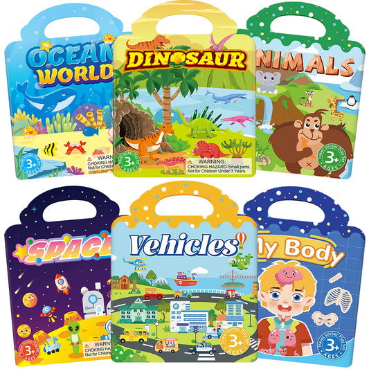 Kywib Reusable Sticker Books for Kids Ages 3+, 6 Pack Jelly Sticker Activity Books, Dinosaur, Space, Ocean and Vehicles Themes