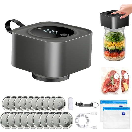 Electric Mason Jar Vacuum Sealer Kit, One-Button Vacuum Sealing for Wide & Regular Mouth Mason Jars, USB Rechargeable, Includes 5 Wide-Mouth Lids, 5 Regular-Mouth Lids & Type-C Cable, Black