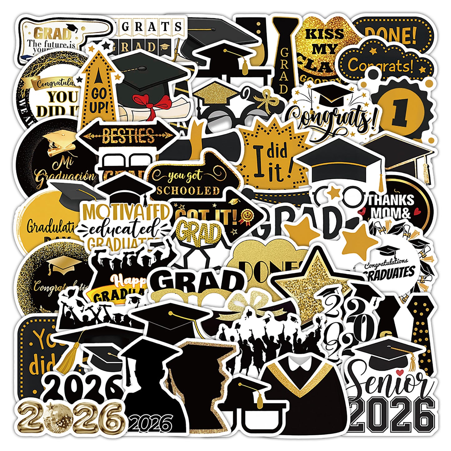 Class of 2026 Graduation Sticker Pack, 150pcs Waterproof Fade-Resistant PP Stickers, Cute Congrats Decals for Laptops Water Bottles Journals