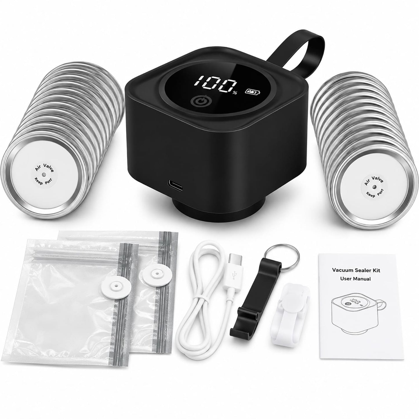Electric Mason Jar Vacuum Sealer Kit, One-Button Vacuum Sealing for Wide & Regular Mouth Mason Jars, USB Rechargeable, Includes 5 Wide-Mouth Lids, 5 Regular-Mouth Lids & Type-C Cable, Black