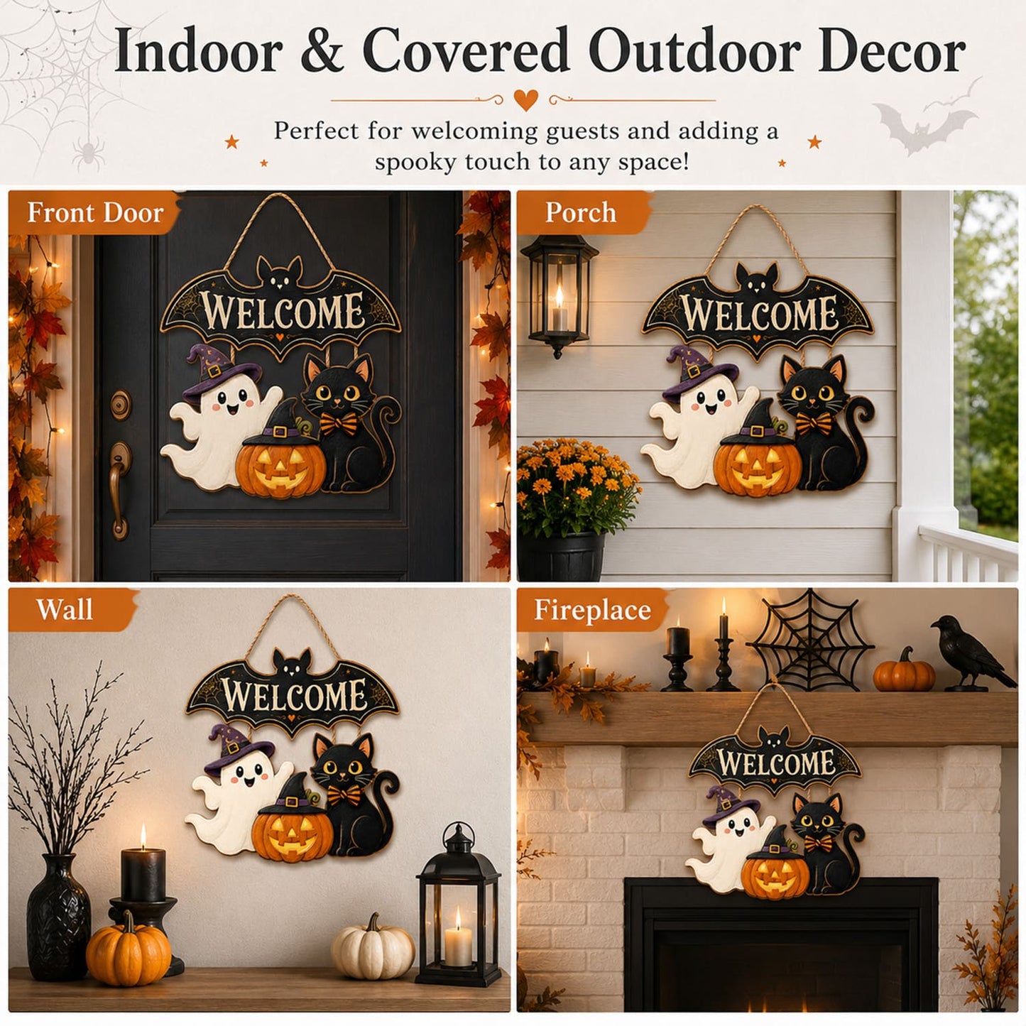 Halloween Wooden Door Sign, 15.7 Inch Bat Welcome Door Hanger with Ghost Pumpkin Black Cat, Cute Halloween Front Door Porch Wall Decor