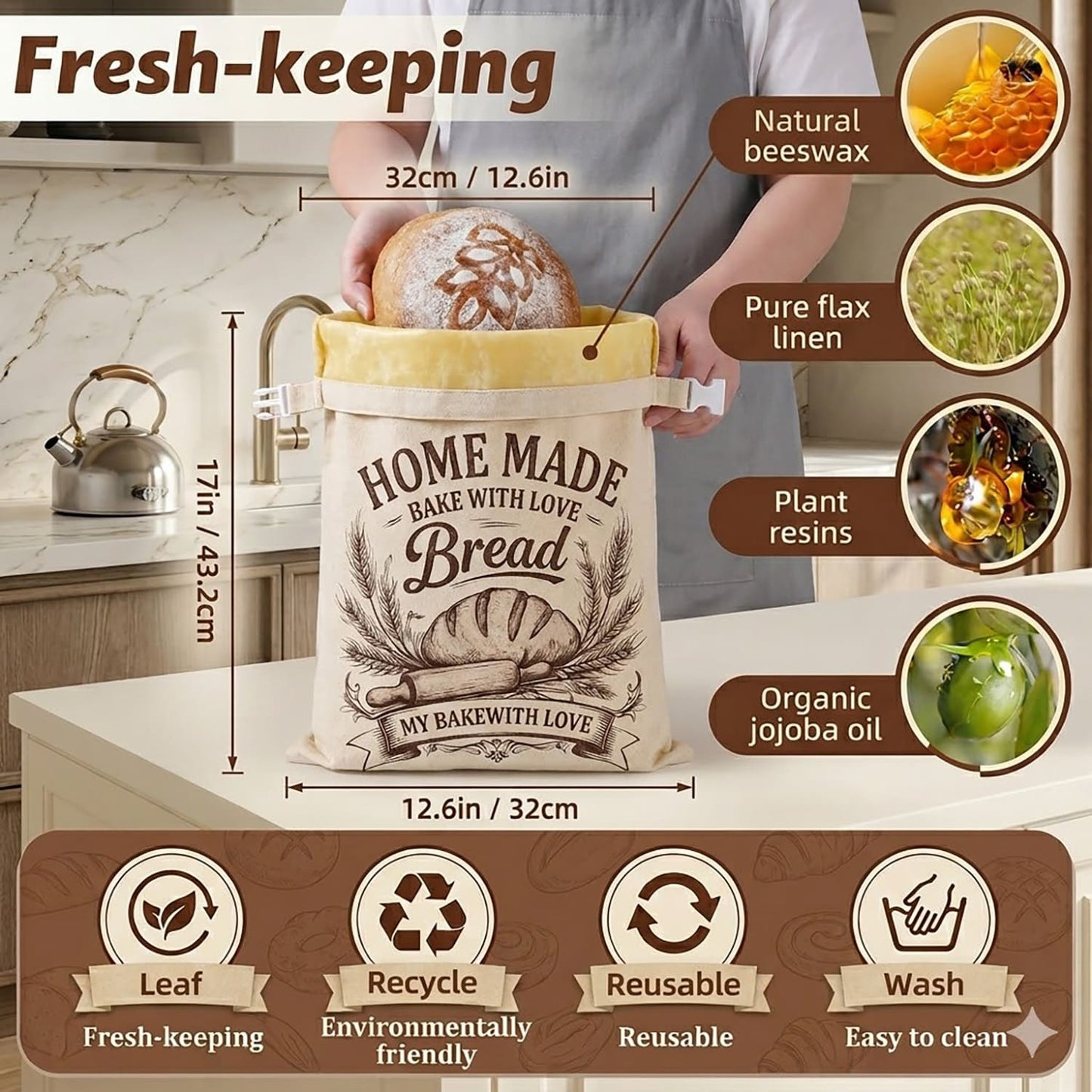 2 Pack Linen Bread Storage Bags with Roll-Top Buckle Closure, 13 x 17 Inch Reusable Bread Keeper Bags for Homemade Loaves, Sandwich Bread and Countertop Storage