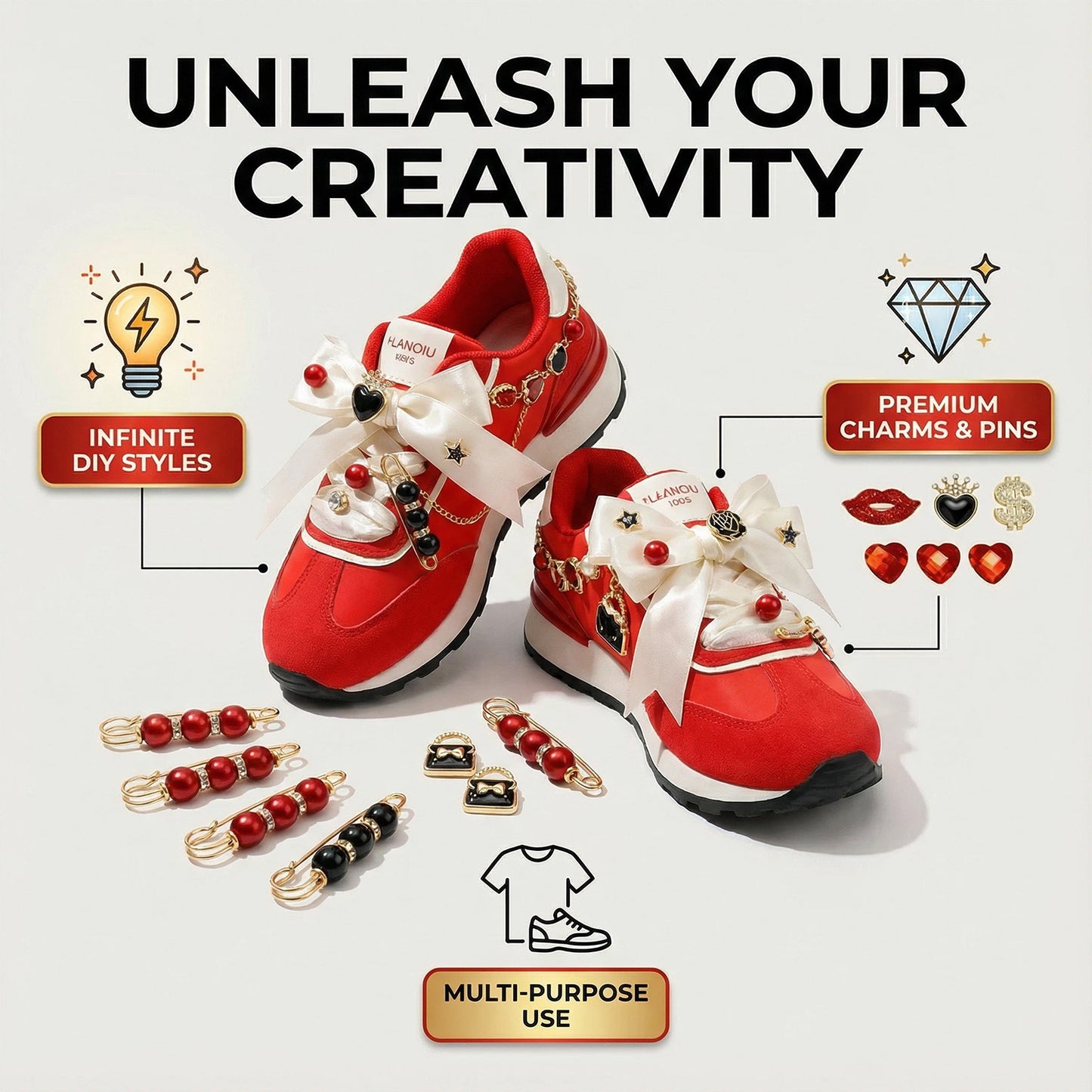 93PCS Red and Black Shoe Charms Set, Cool Streetwear Sneaker Decoration with Metal Chains, Cross Pins and Gothic Style Accessories for Adults Teens