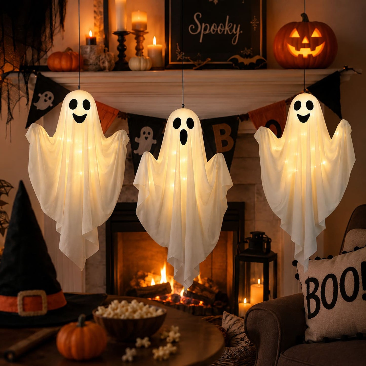 3 Pack Light Up Hanging Ghosts Halloween Decorations, 19.7 in Glowing Ghost Decor for Outdoor Indoor Yard, Tree, Lawn, Fireplace, Party Décor
