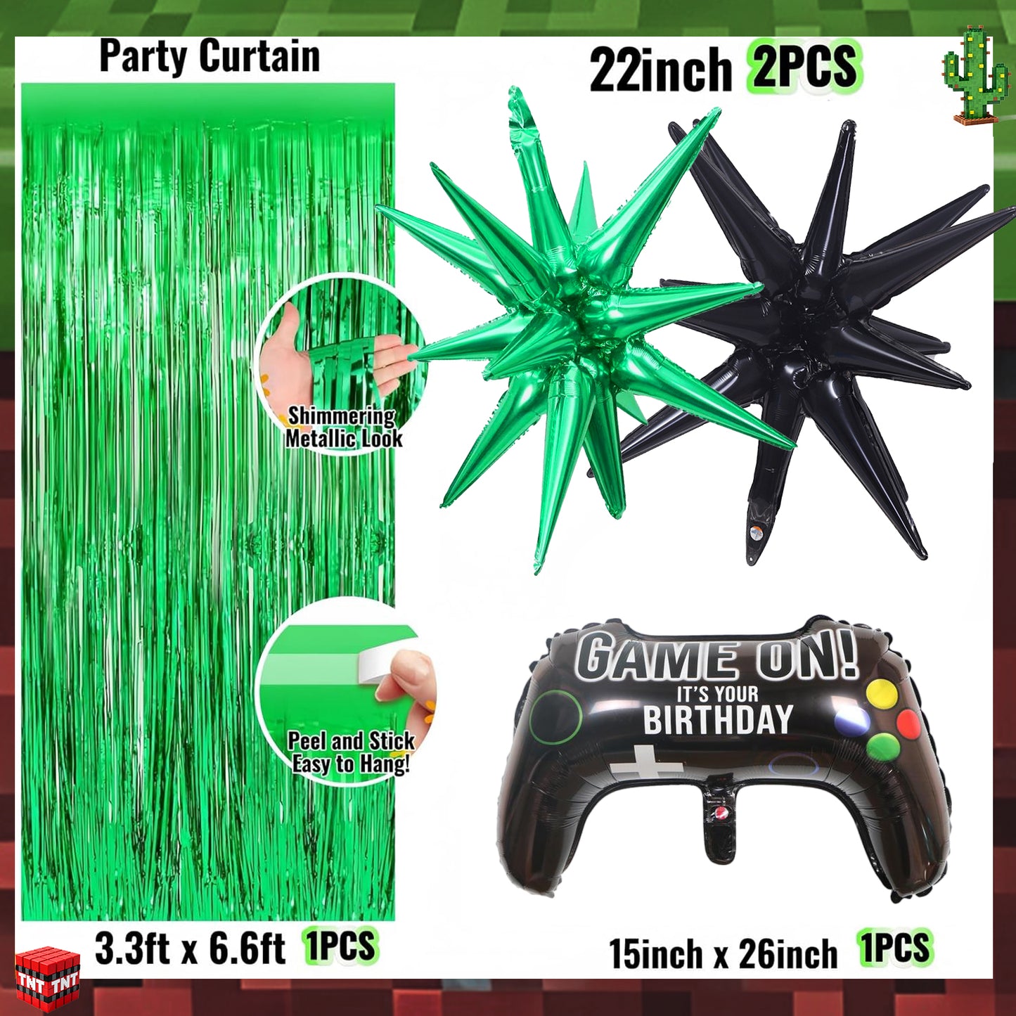 Pixel Game Birthday Party Decorations for Boys, All in One Gamer Party Decor Kit with Balloons, Backdrop and Table Cover