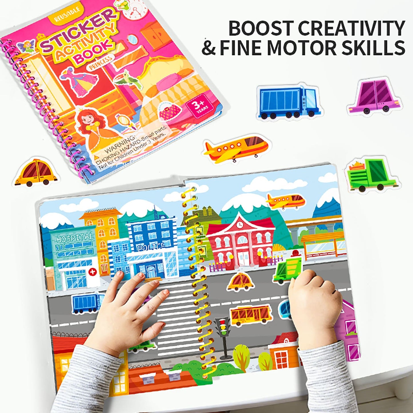 Reusable Sticker Activity Book Set for Kids Ages 3+ | 4 Educational Themes | Travel-Friendly Hands-On Activity Book