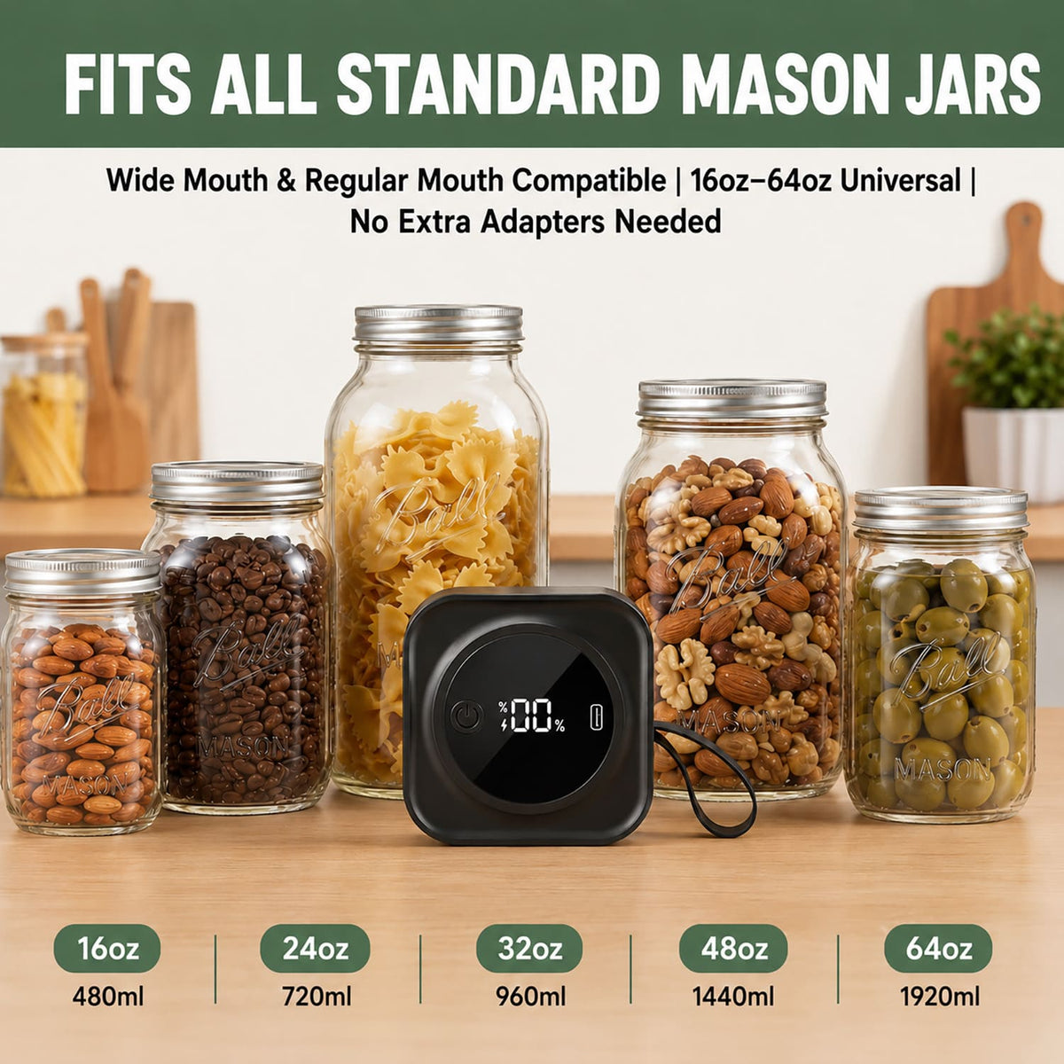 Electric Mason Jar Vacuum Sealer Kit, One-Button Vacuum Sealing for Wide & Regular Mouth Mason Jars, USB Rechargeable, Includes 5 Wide-Mouth Lids, 5 Regular-Mouth Lids & Type-C Cable, Black