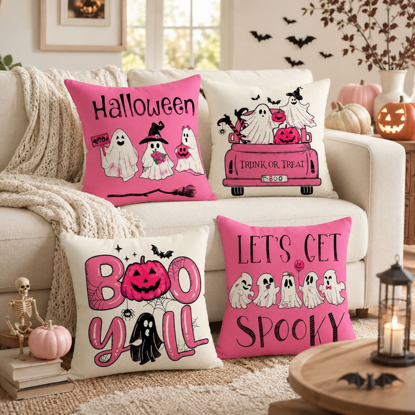 4 Pack Pink Halloween Pillow Covers 18x18, Cute Ghost Pumpkin Throw Pillow Covers for Couch Sofa, Faux Linen Halloween Decorative Cushion Covers for Living Room Bedroom Home Decor