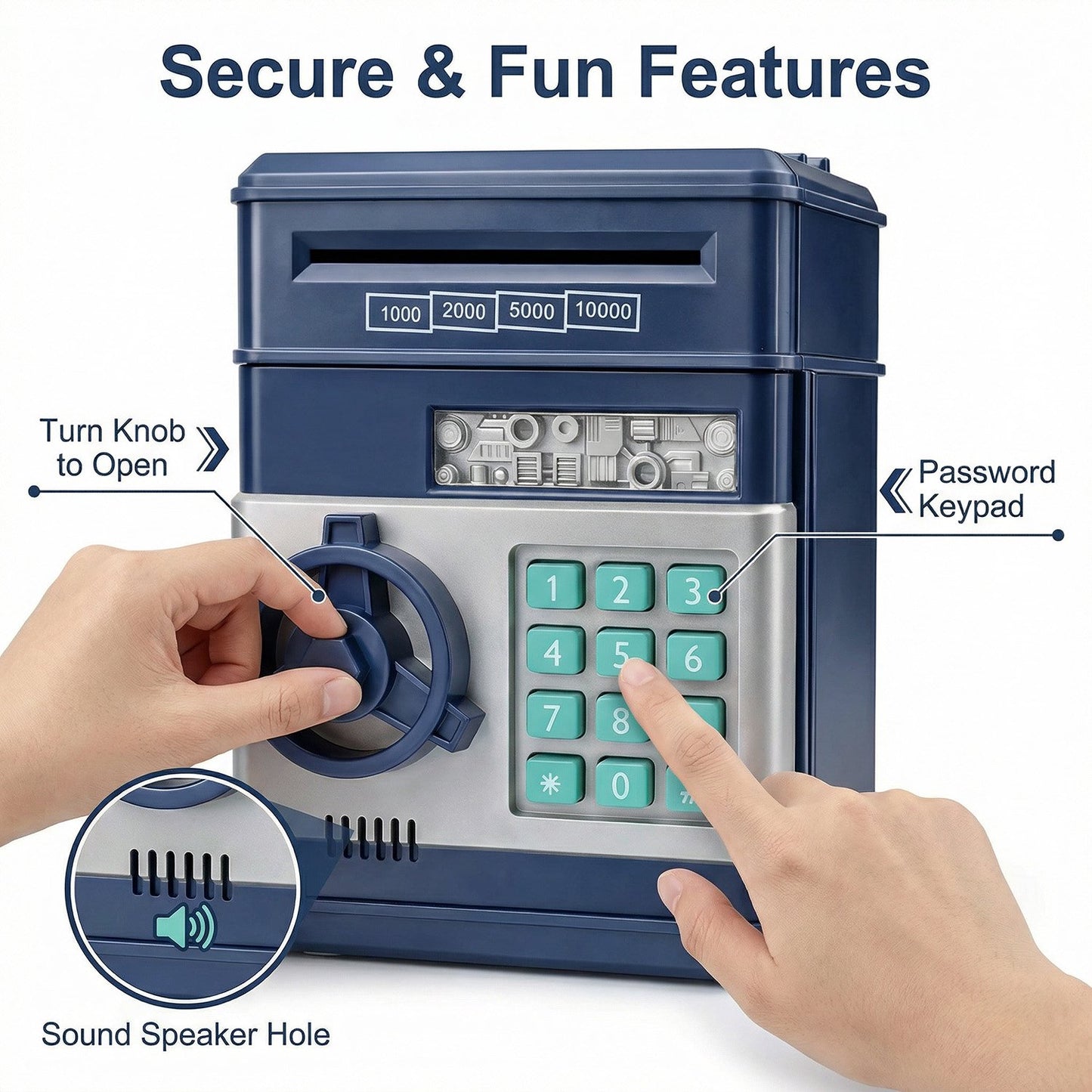 Kids Electronic Piggy Bank with Password Lock, Cash & Coins, Navy