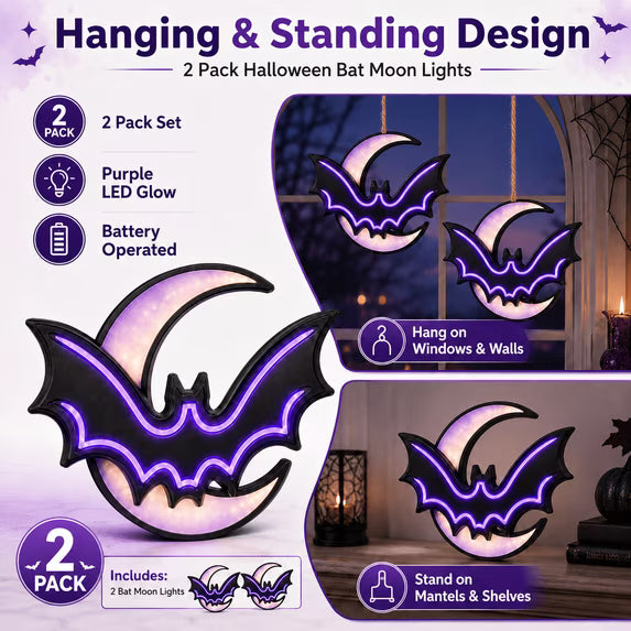 2 Pack Halloween Bat Moon Lights, Battery Operated Purple LED Hanging Decorations, Light Up Window Wall Decor for Indoor Covered Porch