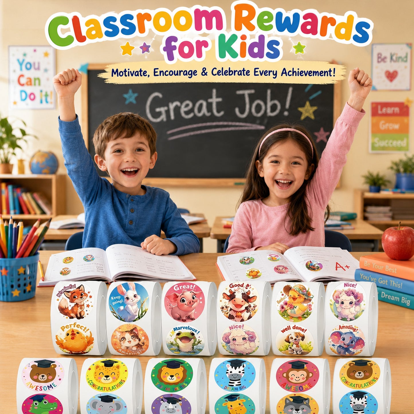 Kywib 3000PCS Reward Stickers for Teachers Classroom, 6 Rolls Cute Animal Motivational Stickers for Students, Homework, Charts and School Supplies