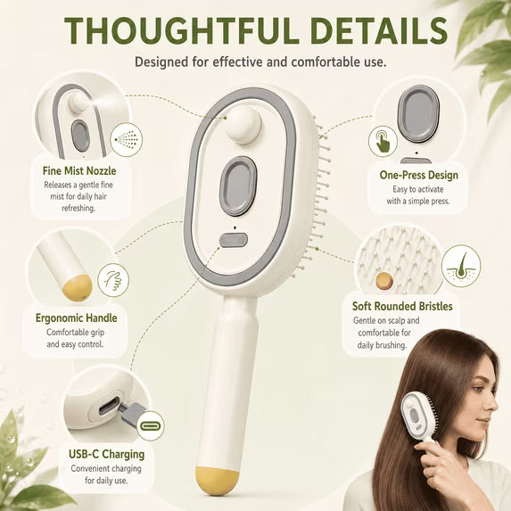 Electric Mist Spray Hair Brush, Self-Cleaning Air Cushion Massage Comb, Rechargeable Detangling Brush for Frizz Control, Wet & Dry Hair