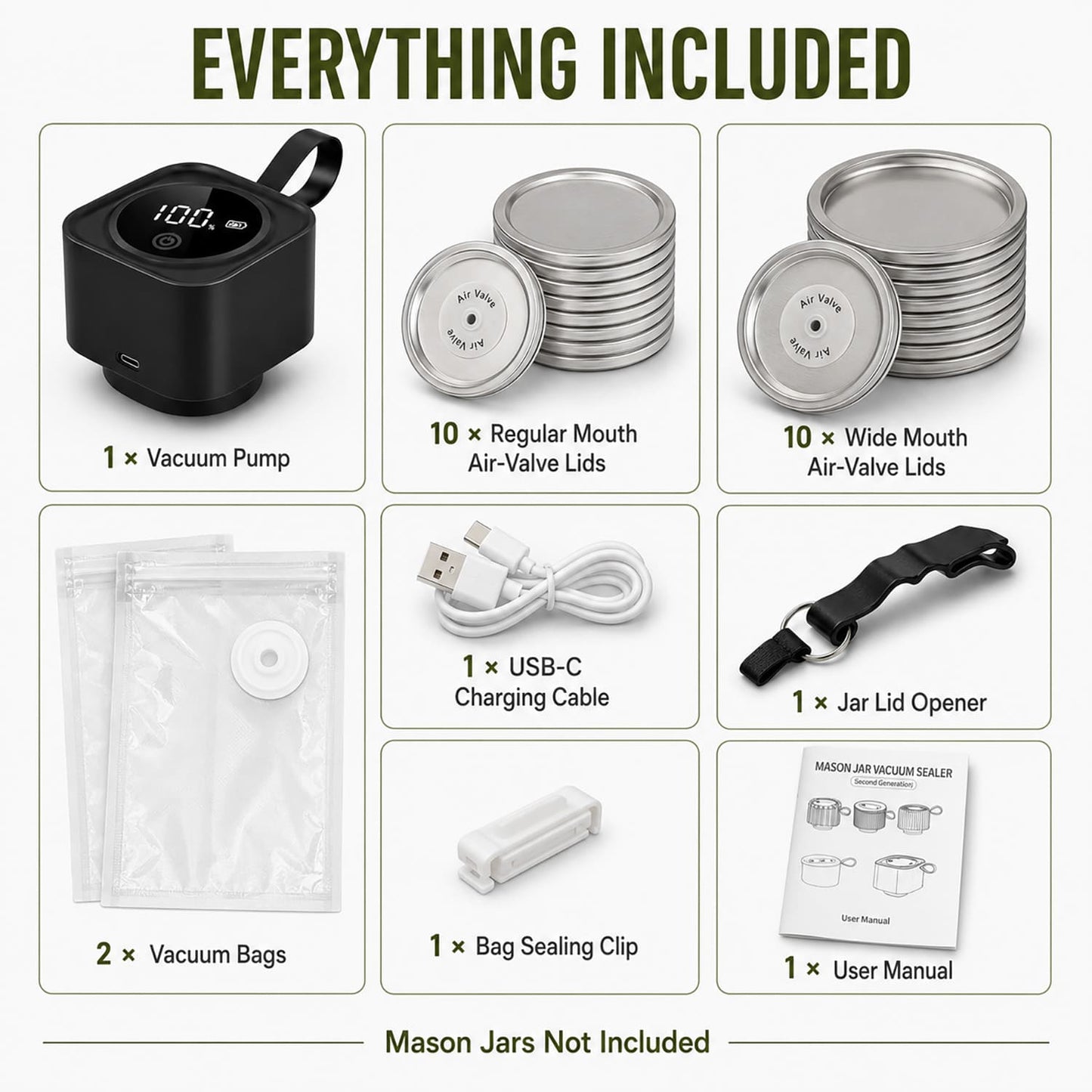 Electric Mason Jar Vacuum Sealer Kit, One-Button Vacuum Sealing for Wide & Regular Mouth Mason Jars, USB Rechargeable, Includes 5 Wide-Mouth Lids, 5 Regular-Mouth Lids & Type-C Cable, Black