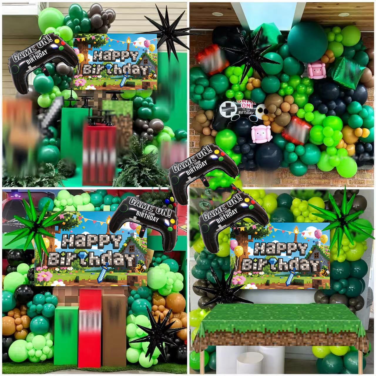 Pixel Game Birthday Party Decorations for Boys, All in One Gamer Party Decor Kit with Balloons, Backdrop and Table Cover