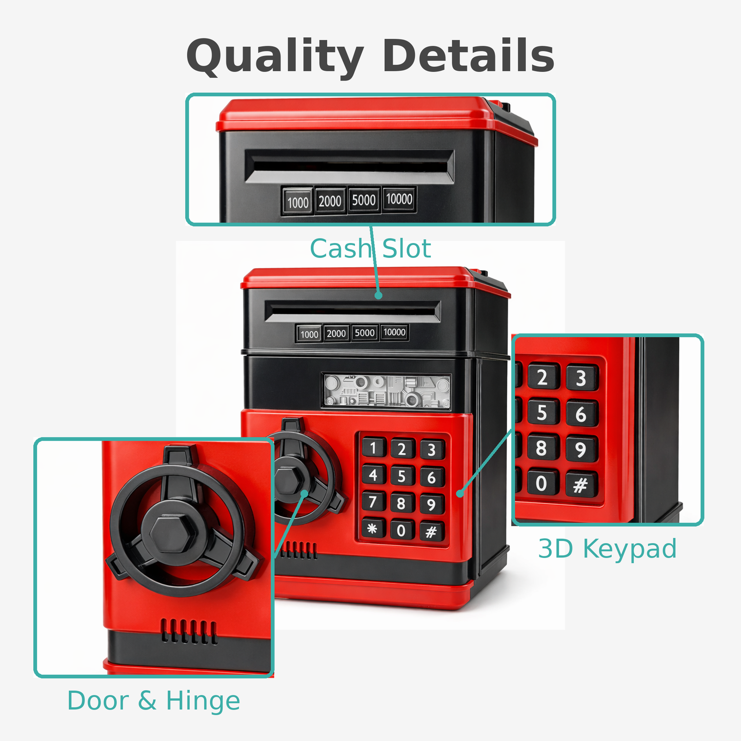 Kids Electronic Piggy Bank with Password Lock, Cash & Coins, Red Black