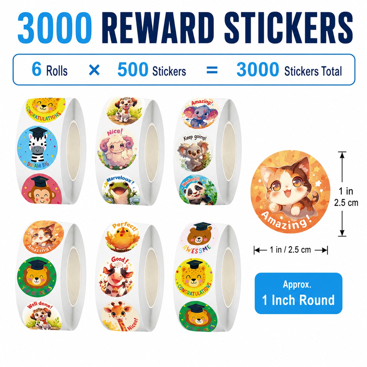 Kywib 3000PCS Reward Stickers for Teachers Classroom, 6 Rolls Cute Animal Motivational Stickers for Students, Homework, Charts and School Supplies