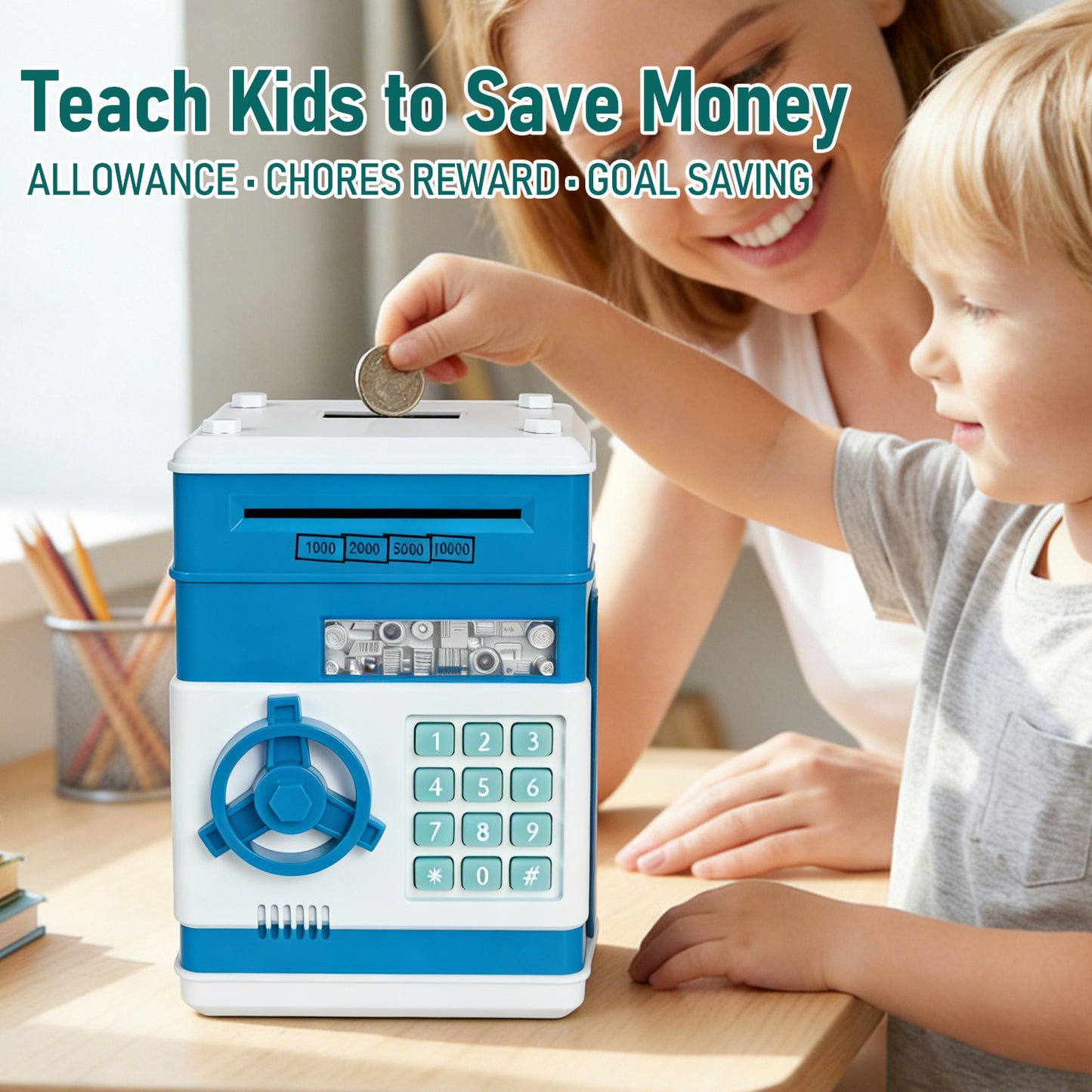 Kids Electronic Piggy Bank with Password Lock, Cash & Coins, Blue