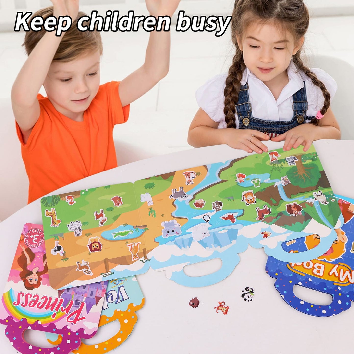 Reusable Sticker Books for Toddlers Ages 2+, 6 Pack Jelly Sticker Activity Books with Farm Vehicles Princess Animals Market Body Themes
