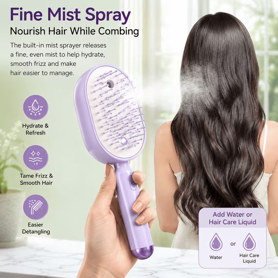 Electric Mist Spray Hair Brush, Self-Cleaning Air Cushion Massage Comb, Rechargeable Detangling Brush for Frizz Control, Wet & Dry Hair