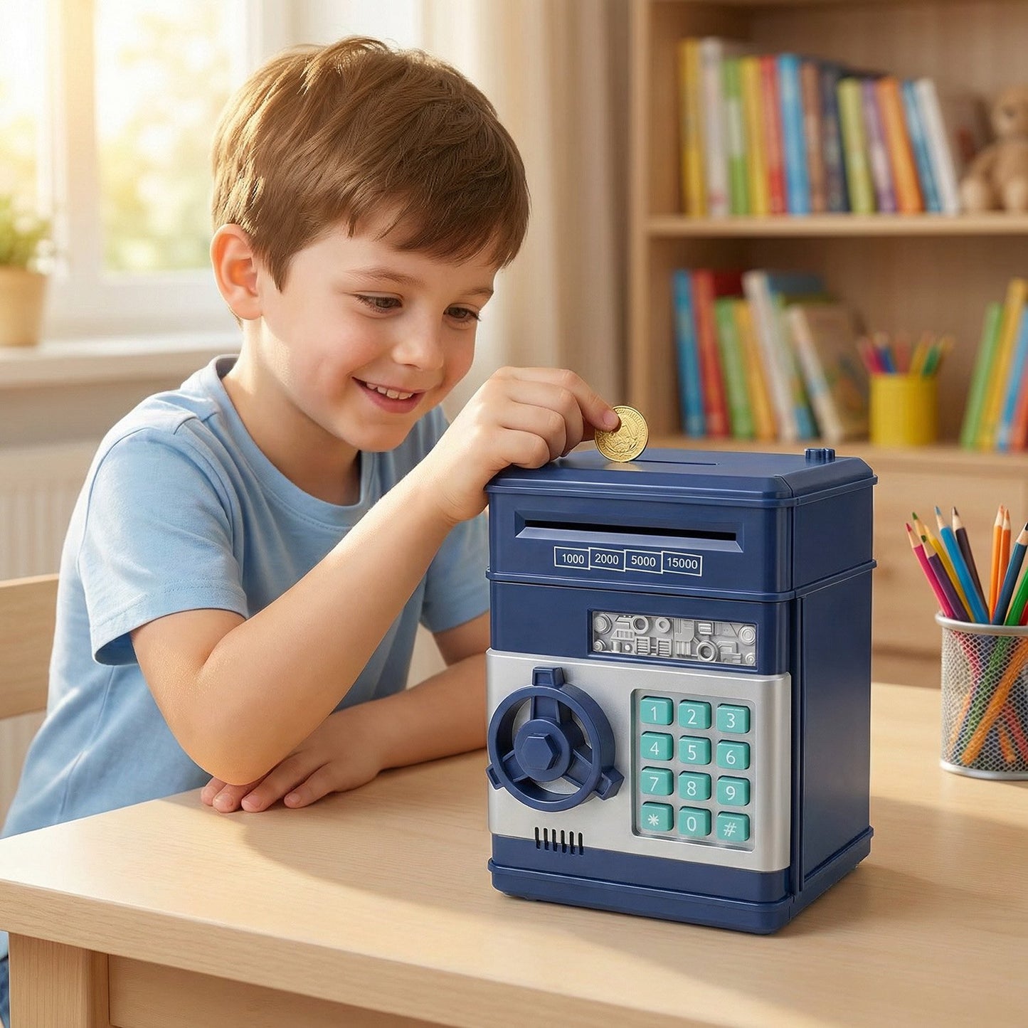Kids Electronic Piggy Bank with Password Lock, Cash & Coins, Navy