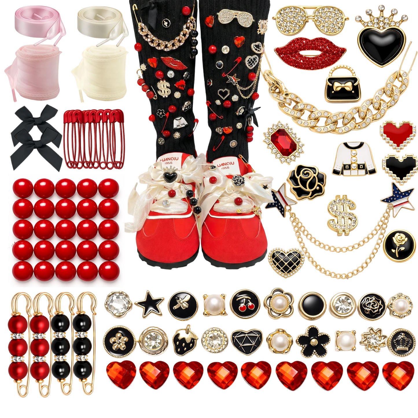 93PCS Red and Black Shoe Charms Set, Cool Streetwear Sneaker Decoration with Metal Chains, Cross Pins and Gothic Style Accessories for Adults Teens