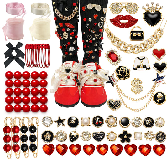 93PCS Red and Black Shoe Charms Set, Cool Streetwear Sneaker Decoration with Metal Chains, Cross Pins and Gothic Style Accessories for Adults Teens