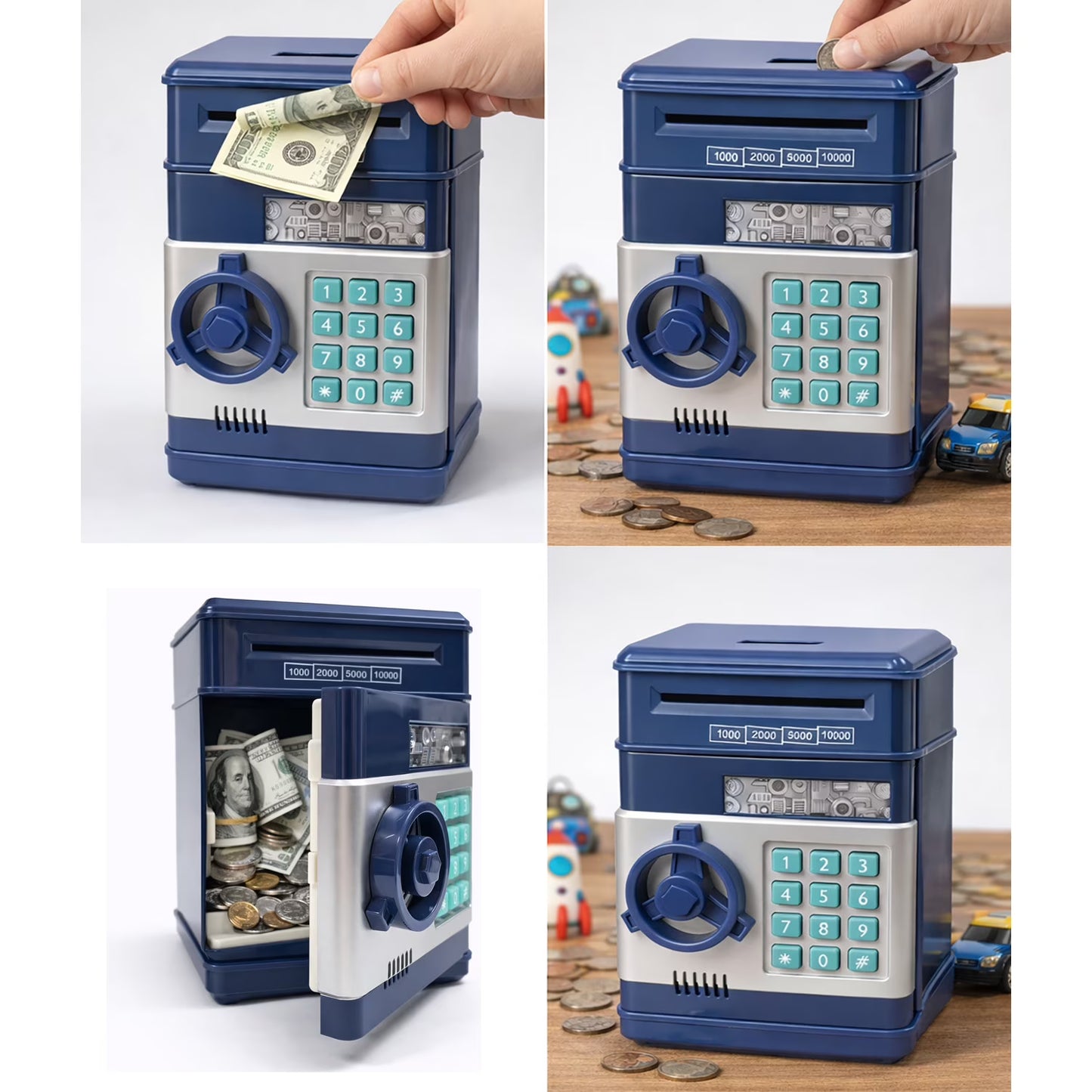 Kids Electronic Piggy Bank with Password Lock, Cash & Coins, Navy