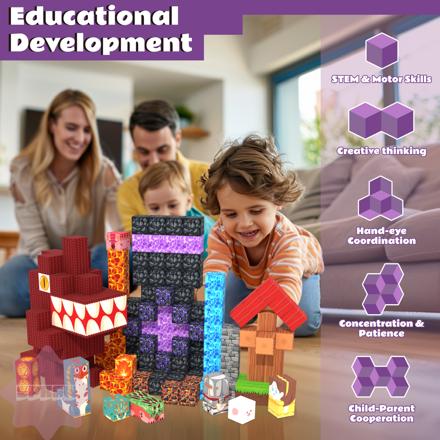 200-Piece Magnetic Blocks Set with Light-Up Accent Cubes, 22 Textured Designs, Fantasy STEM Building Toy, 0.8-Inch Mini Blocks, Ages 3+
