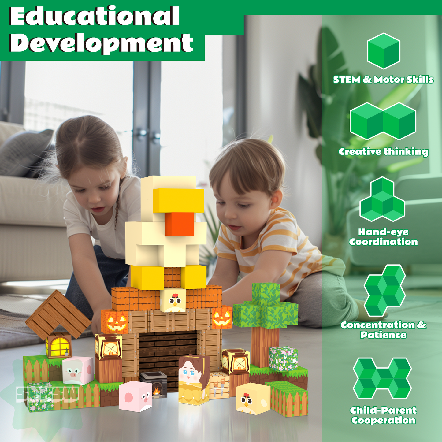 100-Piece Farmhouse Magnetic Blocks Set with Animals, Cottage and Pumpkin Lantern Pieces, 20 Designs, STEM Building Toy, 0.8-Inch Mini Cubes, Ages 3+