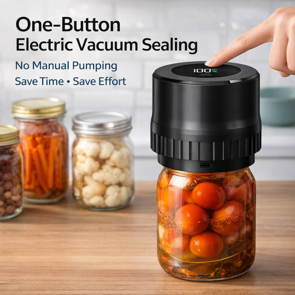 Electric Mason Jar Vacuum Sealer Kit, One-Button Vacuum Sealing for Wide & Regular Mouth Mason Jars, USB Rechargeable, Includes 5 Wide-Mouth Lids, 5 Regular-Mouth Lids & Type-C Cable, Black