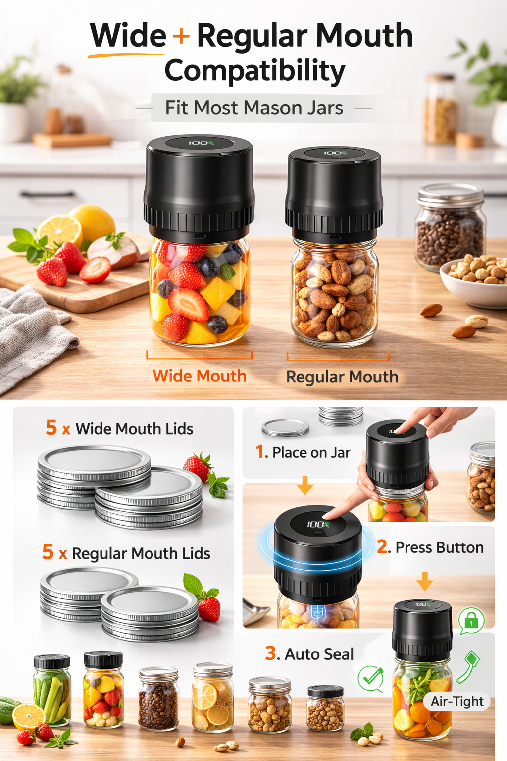 Electric Mason Jar Vacuum Sealer Kit, One-Button Vacuum Sealing for Wide & Regular Mouth Mason Jars, USB Rechargeable, Includes 5 Wide-Mouth Lids, 5 Regular-Mouth Lids & Type-C Cable, Black