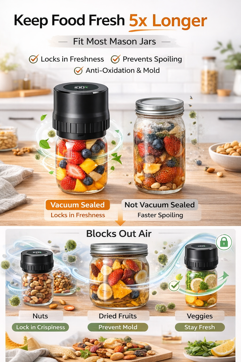 Electric Mason Jar Vacuum Sealer Kit, One-Button Vacuum Sealing for Wide & Regular Mouth Mason Jars, USB Rechargeable, Includes 5 Wide-Mouth Lids, 5 Regular-Mouth Lids & Type-C Cable, Black