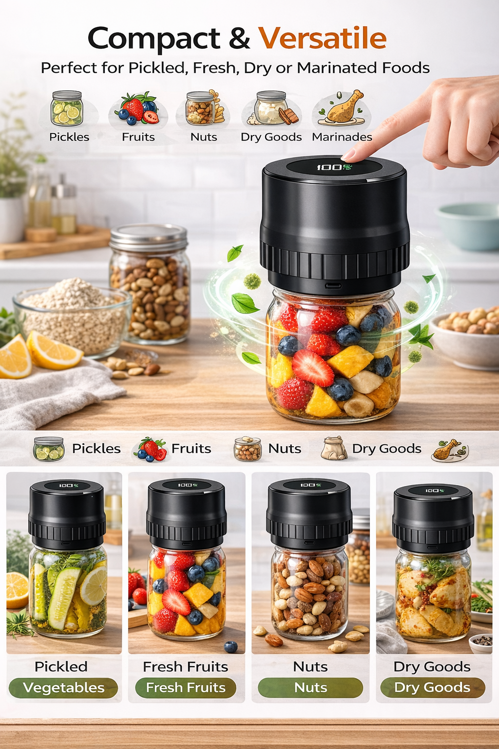 Electric Mason Jar Vacuum Sealer Kit, One-Button Vacuum Sealing for Wide & Regular Mouth Mason Jars, USB Rechargeable, Includes 5 Wide-Mouth Lids, 5 Regular-Mouth Lids & Type-C Cable, Black
