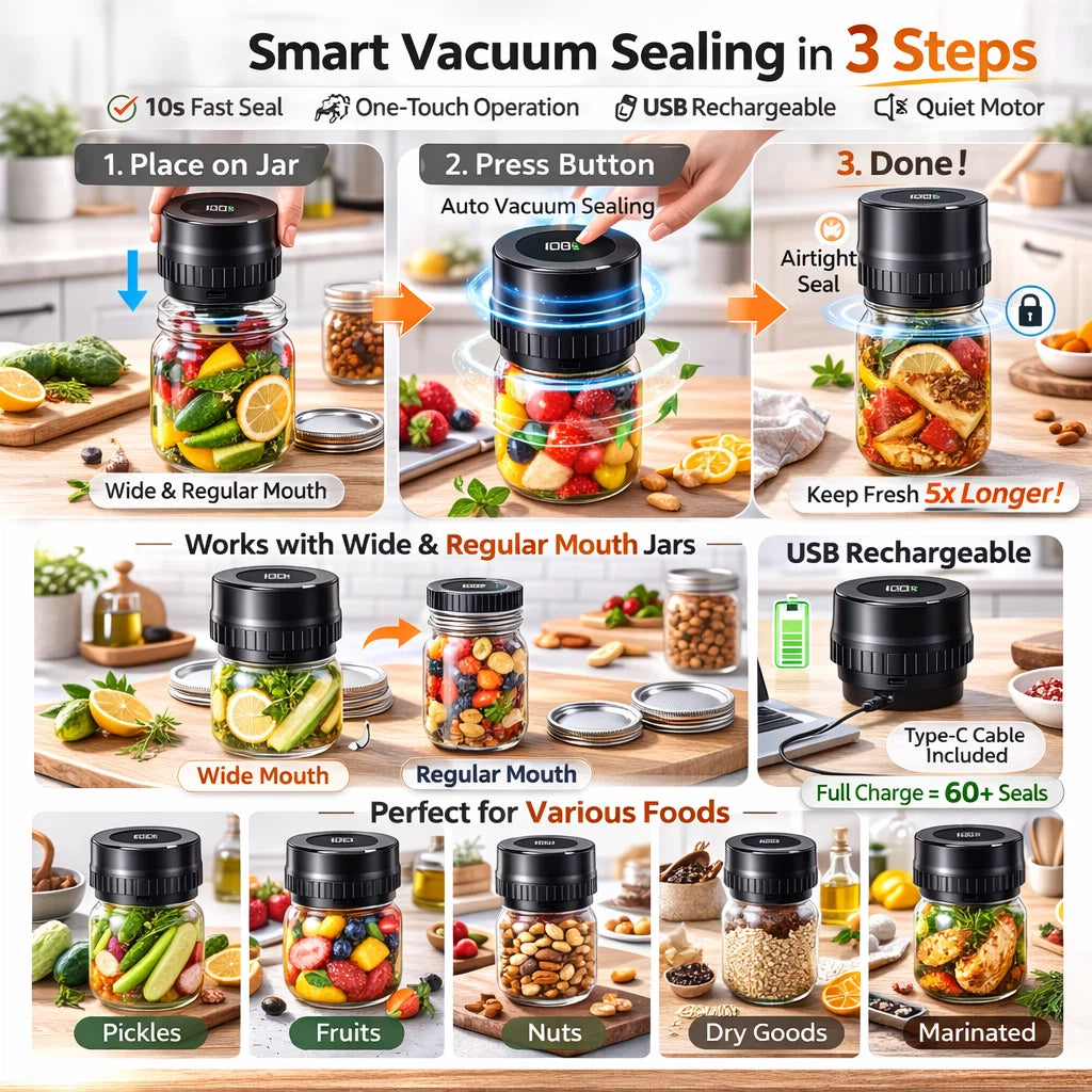 Electric Mason Jar Vacuum Sealer Kit, One-Button Vacuum Sealing for Wide & Regular Mouth Mason Jars, USB Rechargeable, Includes 5 Wide-Mouth Lids, 5 Regular-Mouth Lids & Type-C Cable, Black