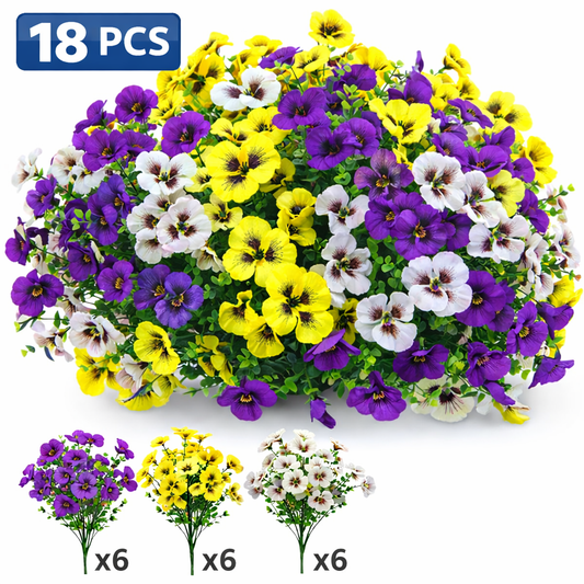 Artificial Pansy Flowers Bouquets, 18 Pack (6 Purple/6 Yellow/6 White), Faux Silk Flowers for Indoor Outdoor Decor, Window Box Porch Planter Vase Centerpiece