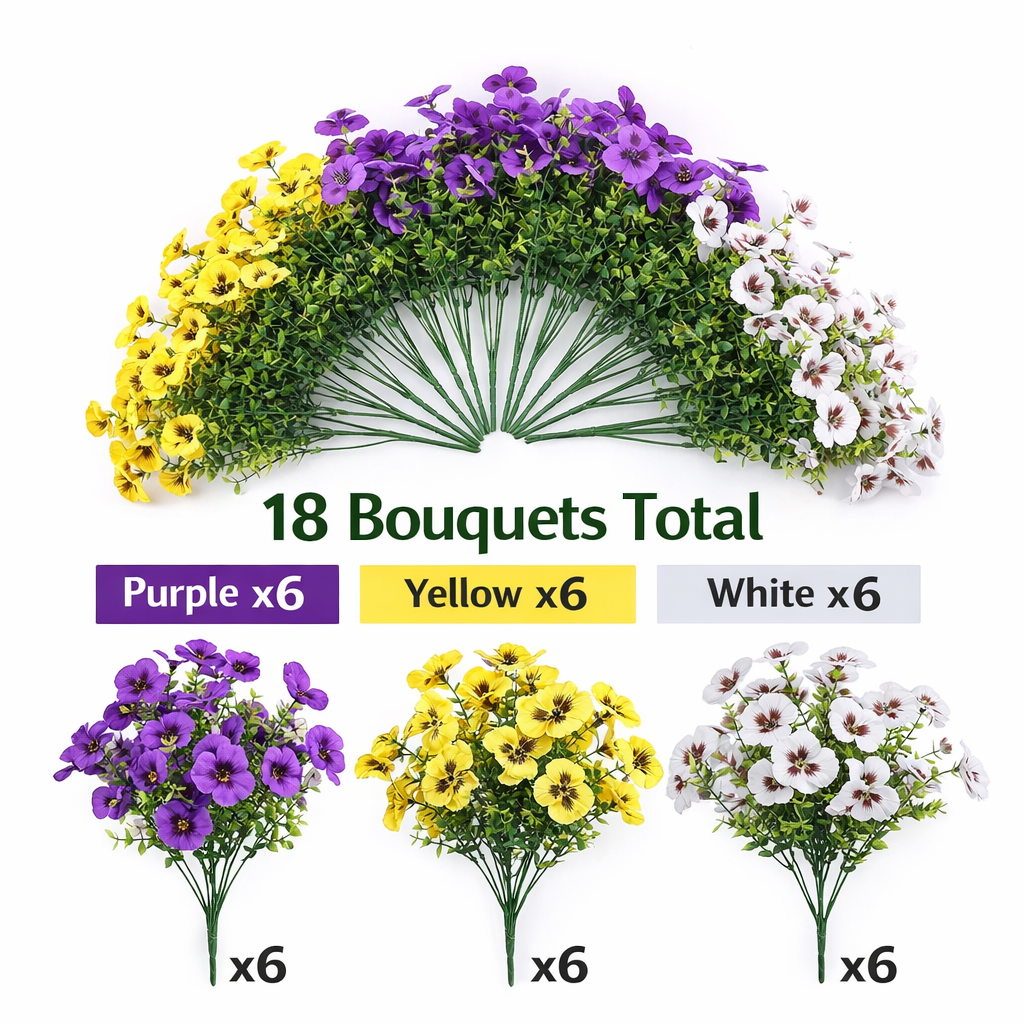 Artificial Pansy Flowers Bouquets, 18 Pack (6 Purple/6 Yellow/6 White), Faux Silk Flowers for Indoor Outdoor Decor, Window Box Porch Planter Vase Centerpiece