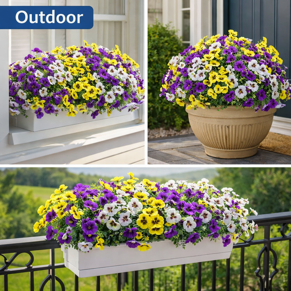 Artificial Pansy Flowers Bouquets, 18 Pack (6 Purple/6 Yellow/6 White), Faux Silk Flowers for Indoor Outdoor Decor, Window Box Porch Planter Vase Centerpiece