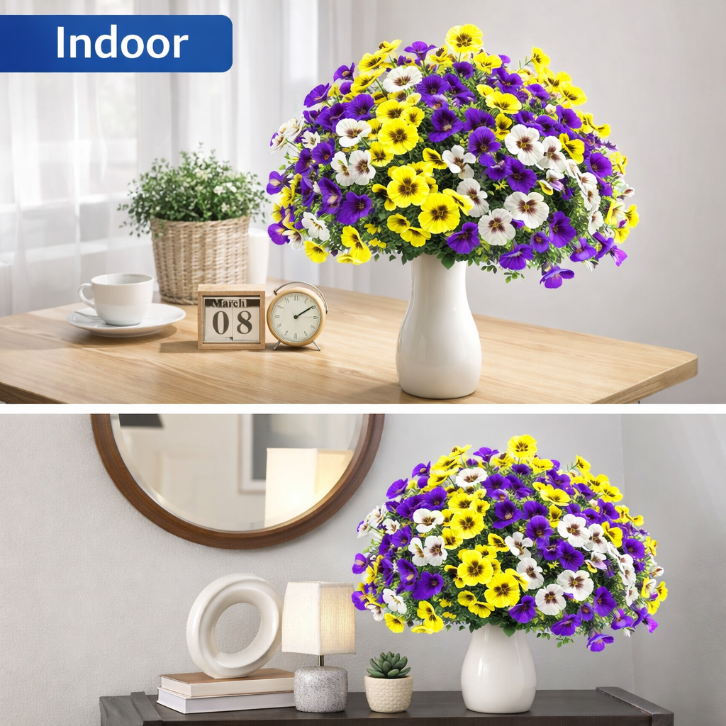 Artificial Pansy Flowers Bouquets, 18 Pack (6 Purple/6 Yellow/6 White), Faux Silk Flowers for Indoor Outdoor Decor, Window Box Porch Planter Vase Centerpiece