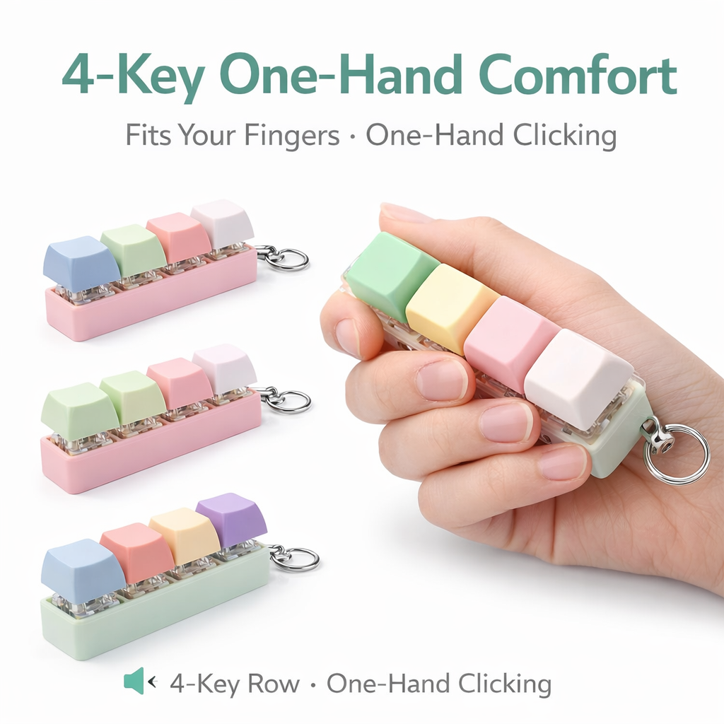 4 Pack Clicky Key Press Fidget Keychains, Mini 4-Key Keyboard Keycap Keychain Set, Assorted Colors, Clip-On Bag & Keys