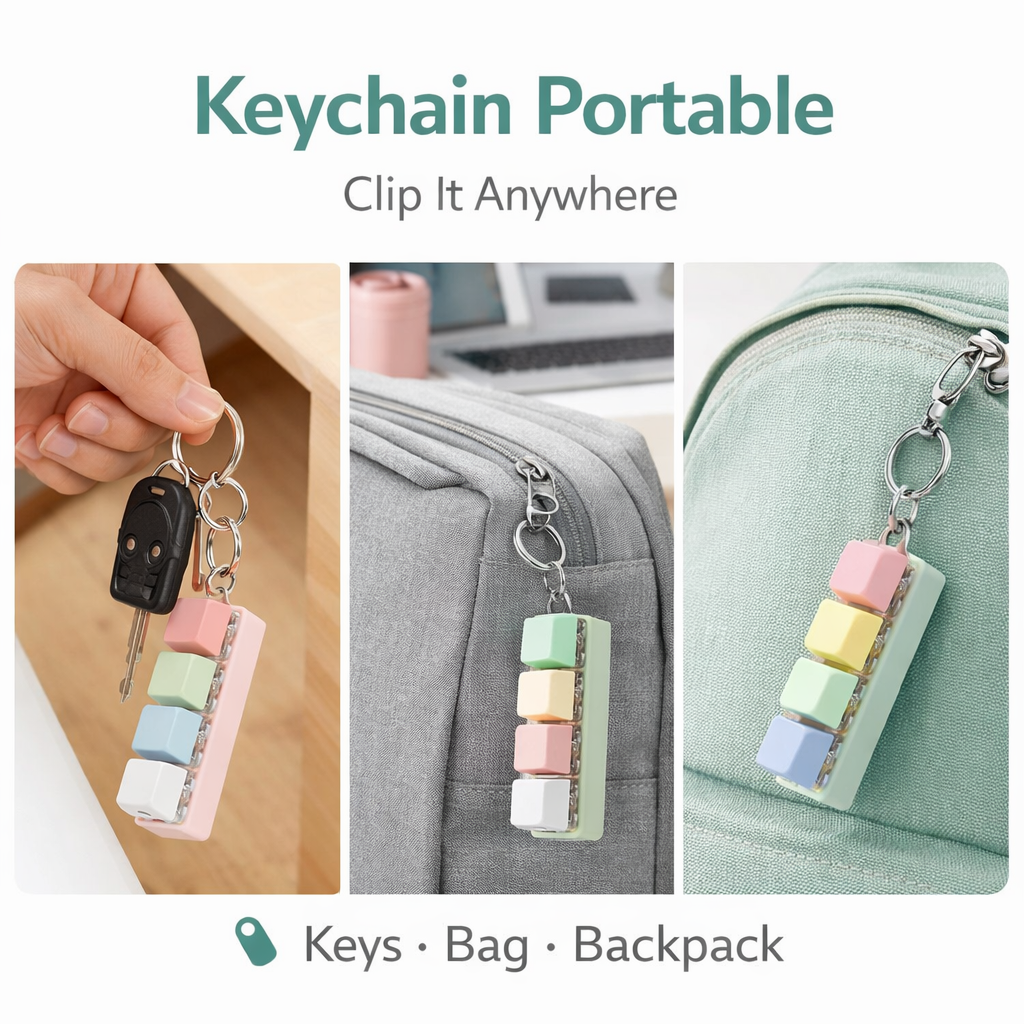 4 Pack Clicky Key Press Fidget Keychains, Mini 4-Key Keyboard Keycap Keychain Set, Assorted Colors, Clip-On Bag & Keys